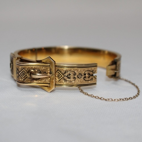 Antique Victorian Gold Filled Enamel Taille D'Epargne Buckle Bangle Bracelet - Picture 6 of 8
